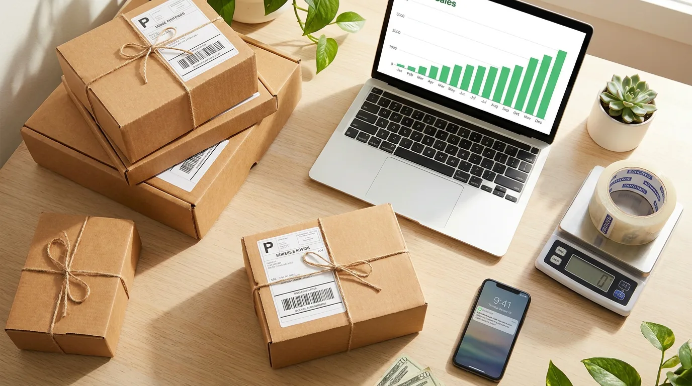 A busy home reseller shipping station: neatly boxed parcels, a shipping scale and label printer, and a laptop showing sales trending up